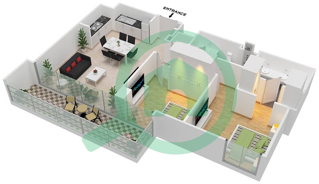 المخططات الطابقية لتصميم الوحدة 606 شقة 2 غرفة نوم - سانست في كريك بيتش interactive3D