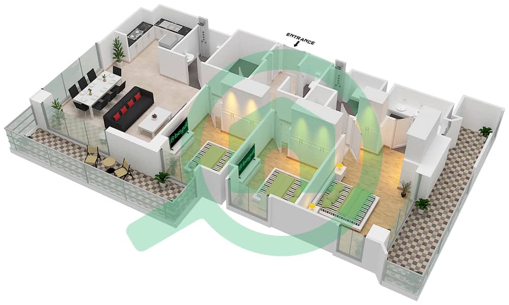 المخططات الطابقية لتصميم الوحدة 107 شقة 3 غرف نوم - سانست في كريك بيتش interactive3D