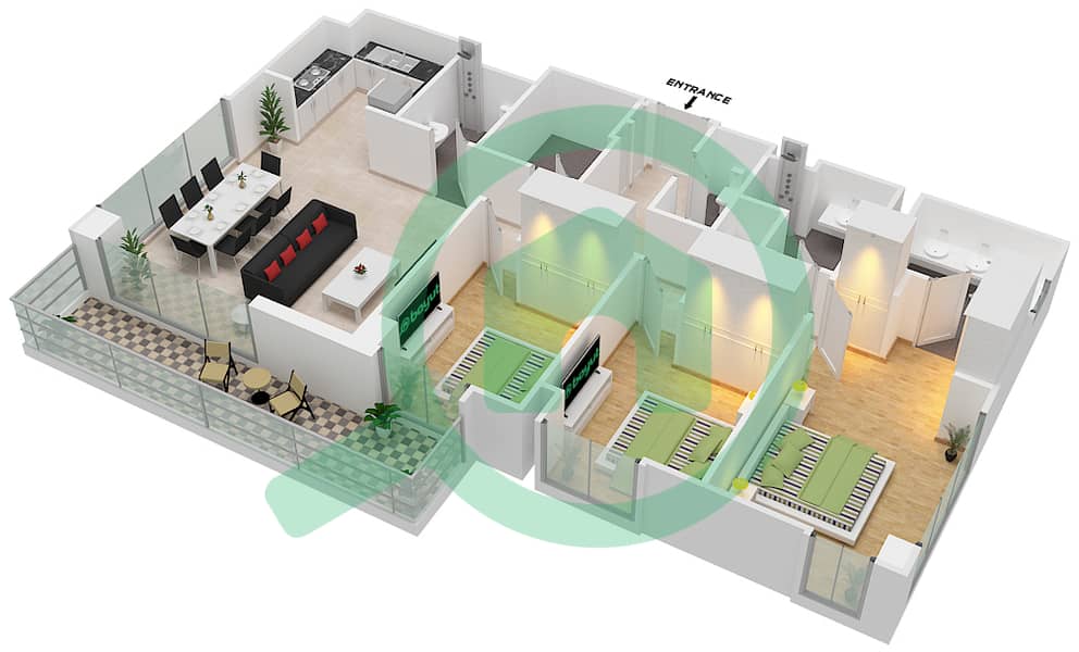 المخططات الطابقية لتصميم الوحدة 507 شقة 3 غرف نوم - سانست في كريك بيتش interactive3D