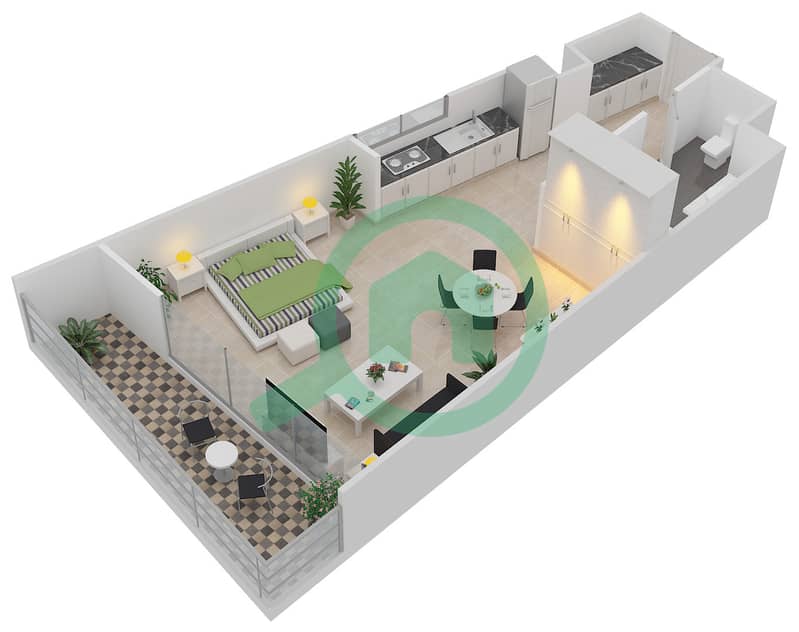 Shamal Waves - Studio Apartment Type CORNER Floor plan interactive3D