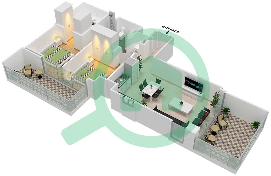 المخططات الطابقية لتصميم الوحدة 205 شقة 2 غرفة نوم - سانست في كريك بيتش interactive3D