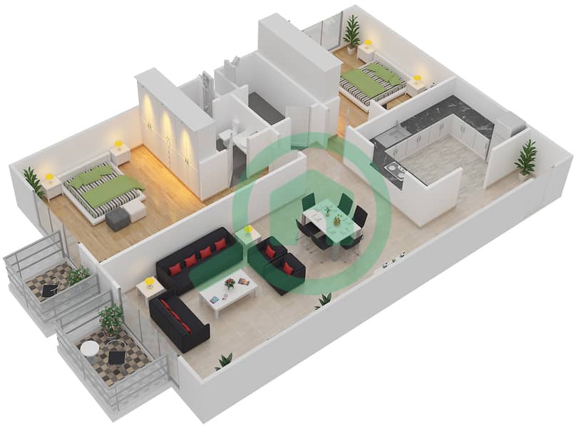 المخططات الطابقية لتصميم النموذج 2 شقة 2 غرفة نوم - ميلانو جيوفاني بوتيك سوتس interactive3D