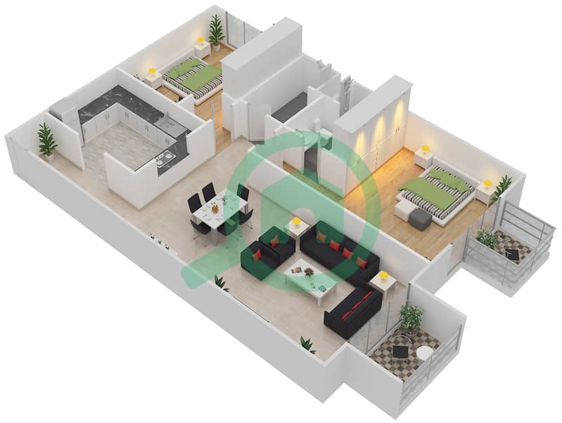 المخططات الطابقية لتصميم النموذج 3 شقة 2 غرفة نوم - ميلانو جيوفاني بوتيك سوتس interactive3D