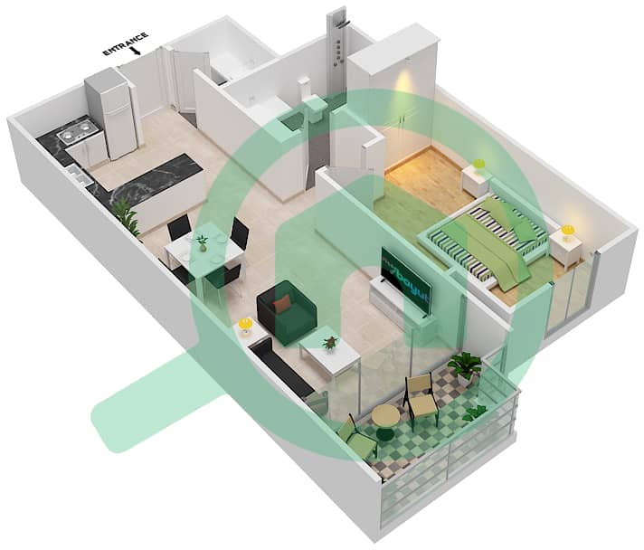 蜂巢综合大楼 - 1 卧室公寓单位3戶型图 interactive3D