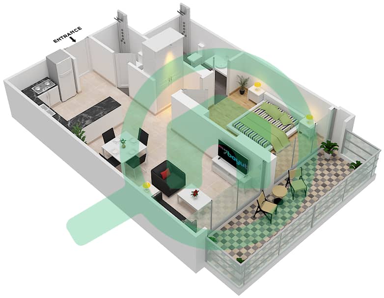 المخططات الطابقية لتصميم الوحدة 11 شقة 1 غرفة نوم - ذا هايف interactive3D