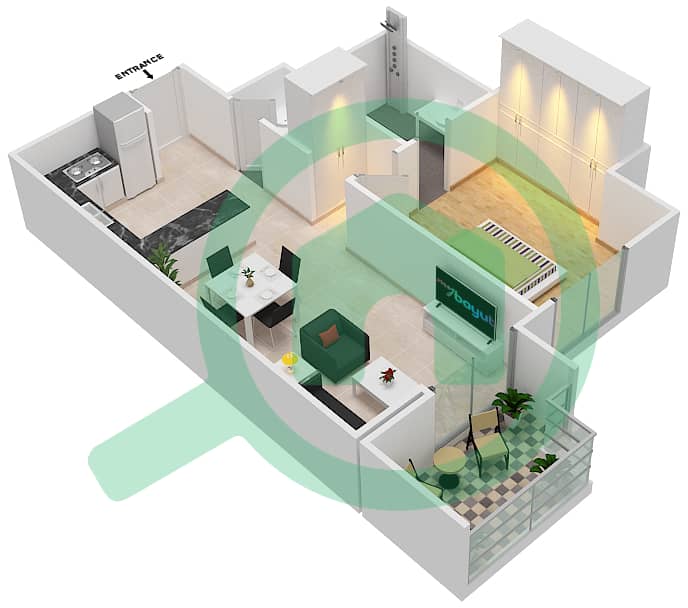 蜂巢综合大楼 - 1 卧室公寓单位12戶型图 interactive3D