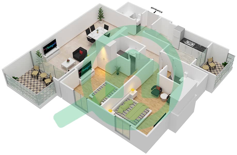 المخططات الطابقية لتصميم الوحدة 9 شقة 2 غرفة نوم - ذا هايف interactive3D