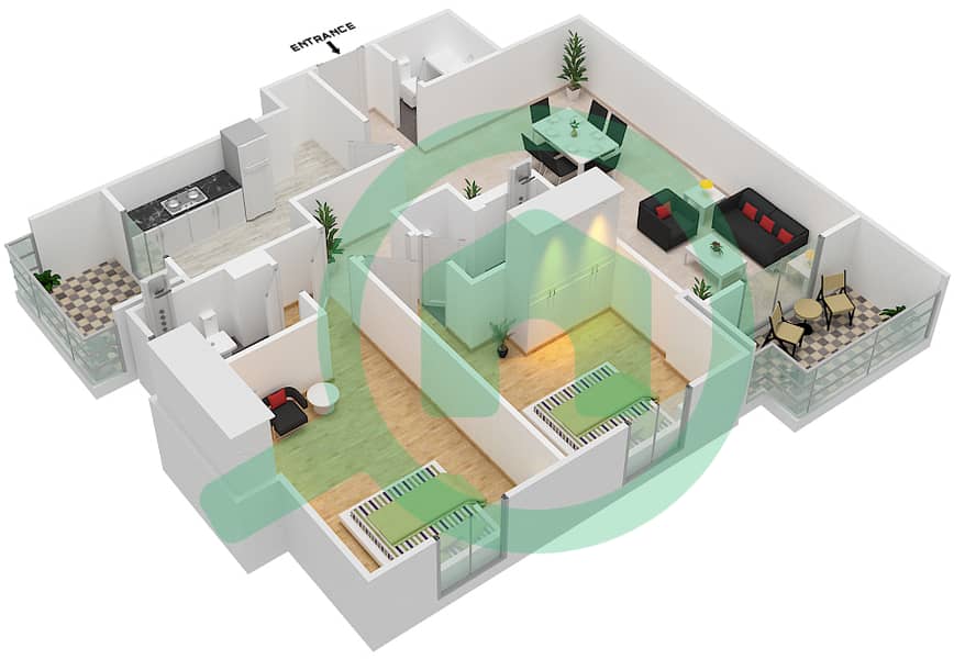 蜂巢综合大楼 - 2 卧室公寓单位10戶型图 interactive3D