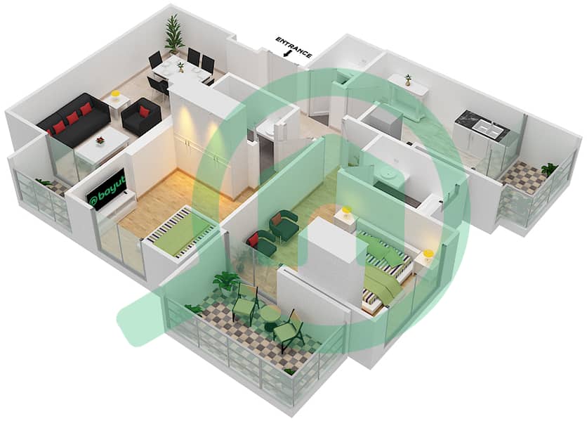 蜂巢综合大楼 - 2 卧室公寓单位2戶型图 interactive3D