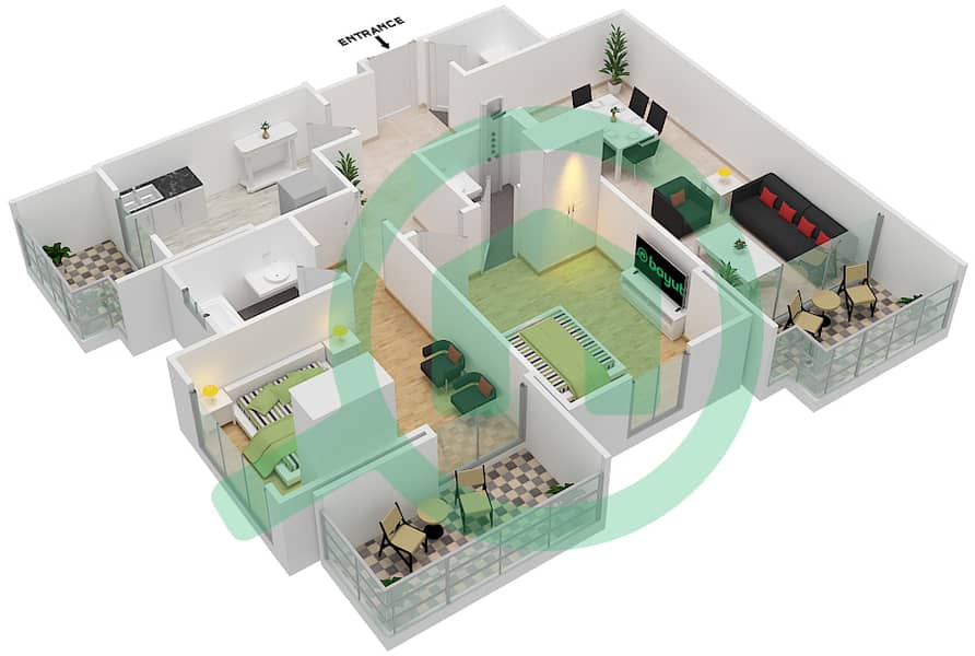 蜂巢综合大楼 - 2 卧室公寓单位1戶型图 interactive3D