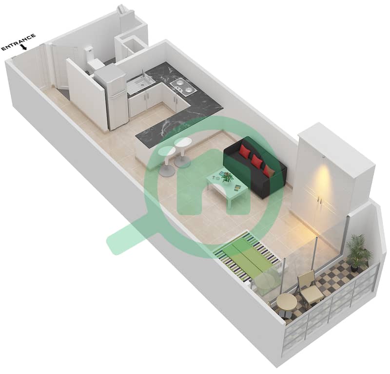 المخططات الطابقية لتصميم النموذج 1 شقة استوديو - بلاتينيوم ريزيدنسز interactive3D