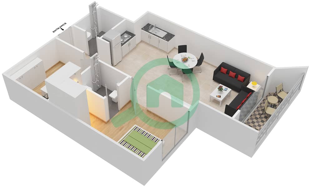 المخططات الطابقية لتصميم النموذج 1 شقة 1 غرفة نوم - بلاتينيوم ريزيدنسز interactive3D