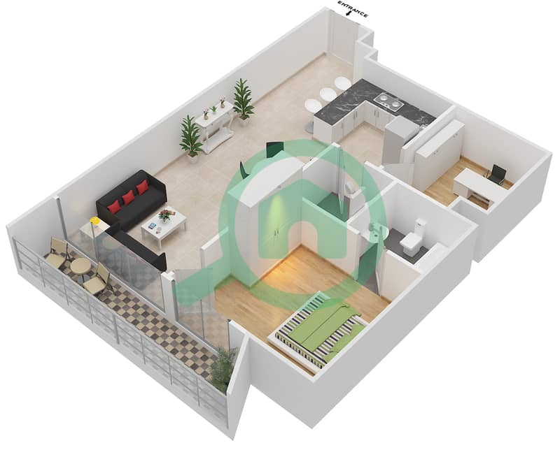 المخططات الطابقية لتصميم النموذج 3 شقة 1 غرفة نوم - بلاتينيوم ريزيدنسز interactive3D