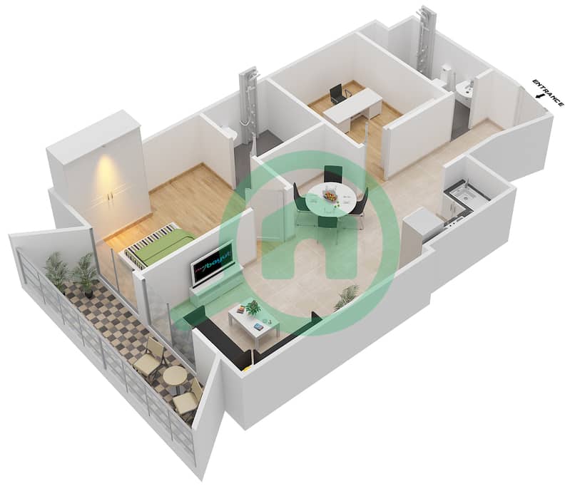 المخططات الطابقية لتصميم النموذج 4 شقة 1 غرفة نوم - بلاتينيوم ريزيدنسز interactive3D