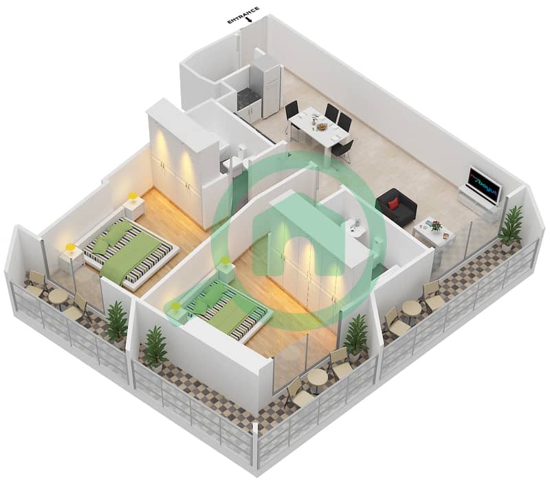 المخططات الطابقية لتصميم النموذج 1 شقة 2 غرفة نوم - بلاتينيوم ريزيدنسز interactive3D