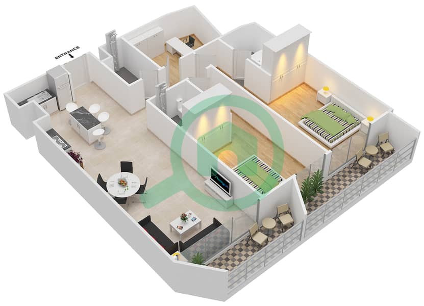 المخططات الطابقية لتصميم النموذج 2 شقة 2 غرفة نوم - بلاتينيوم ريزيدنسز interactive3D