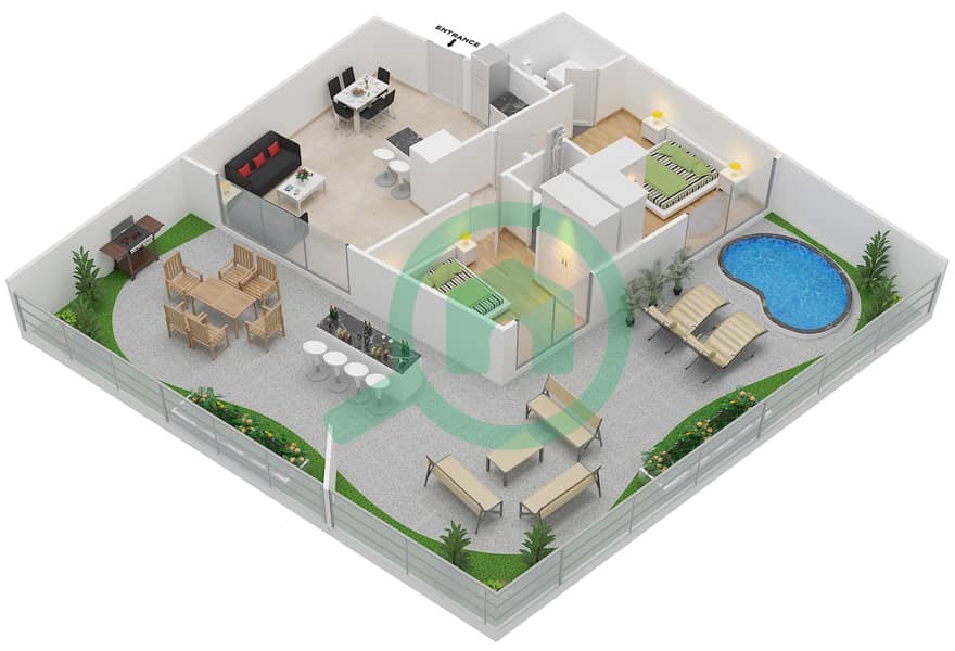 المخططات الطابقية لتصميم النموذج 3 شقة 2 غرفة نوم - بلاتينيوم ريزيدنسز interactive3D