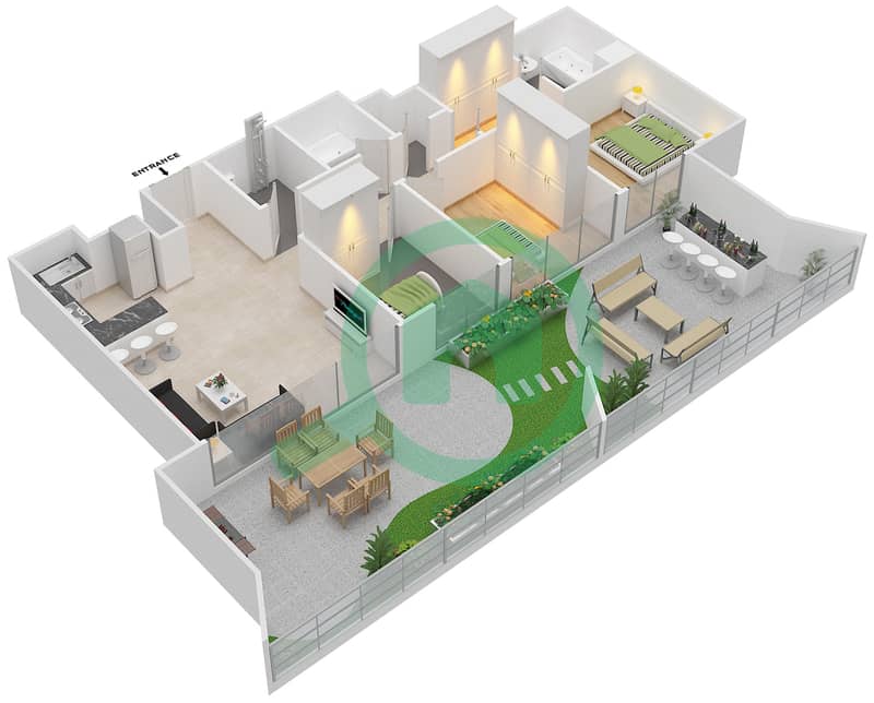 المخططات الطابقية لتصميم النموذج 4 شقة 2 غرفة نوم - بلاتينيوم ريزيدنسز interactive3D