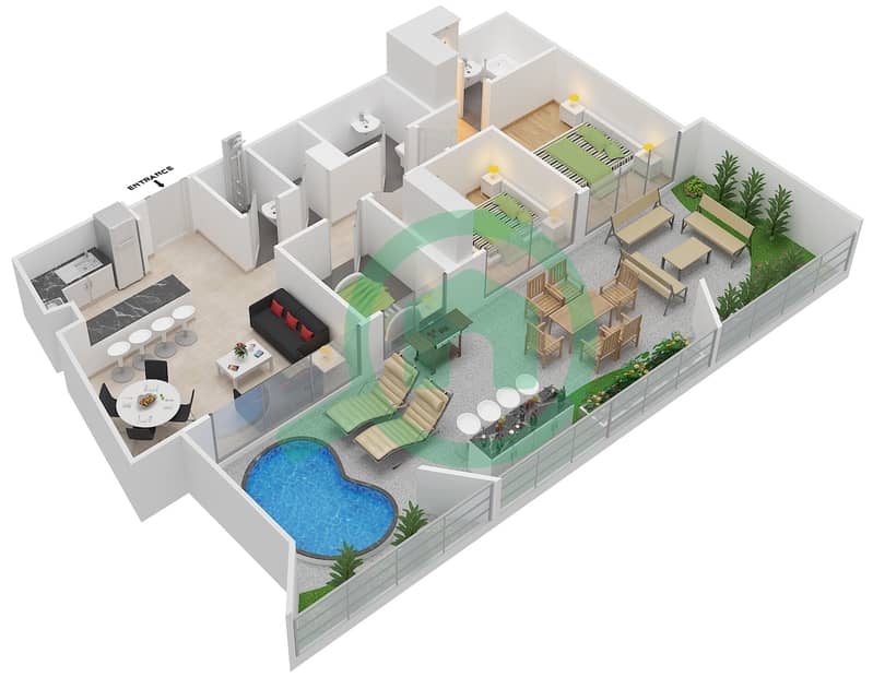 المخططات الطابقية لتصميم النموذج 7 شقة 2 غرفة نوم - بلاتينيوم ريزيدنسز interactive3D