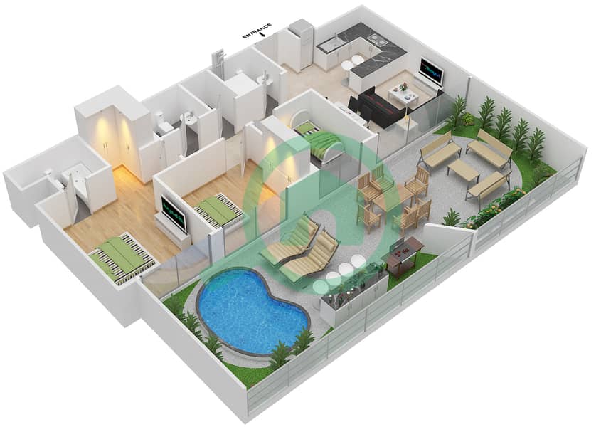 المخططات الطابقية لتصميم النموذج 6 شقة 2 غرفة نوم - بلاتينيوم ريزيدنسز interactive3D
