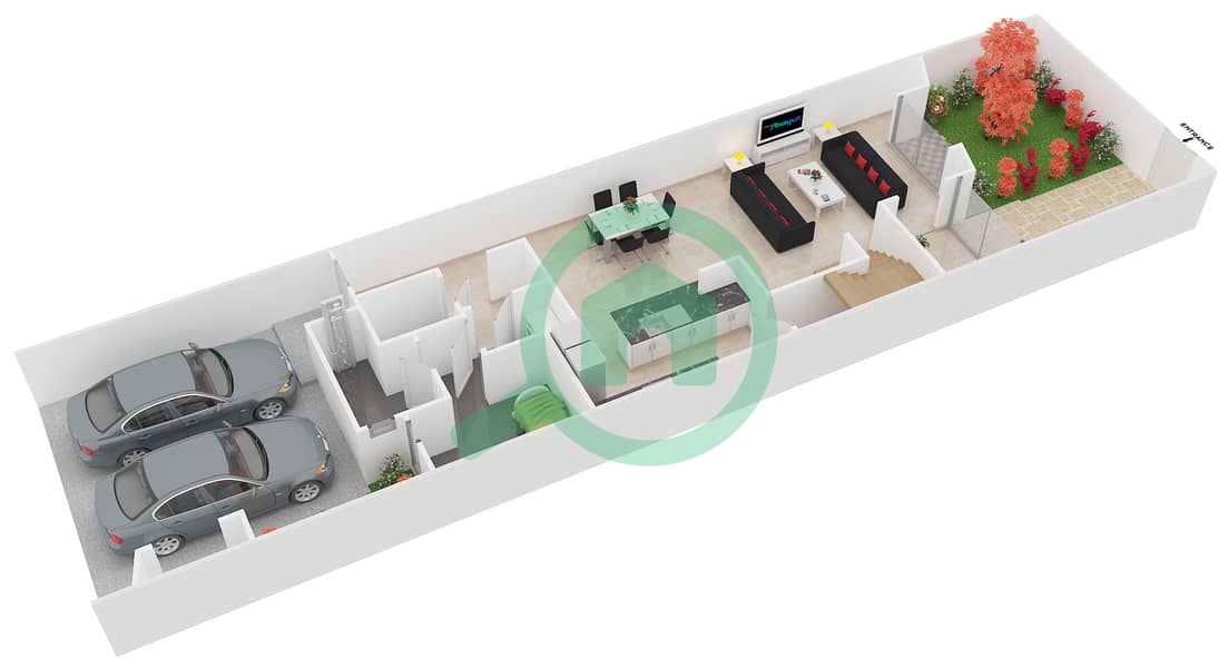 المخططات الطابقية لتصميم النموذج LACUEVA تاون هاوس 3 غرف نوم - حدائق ساندوفال Ground Floor interactive3D