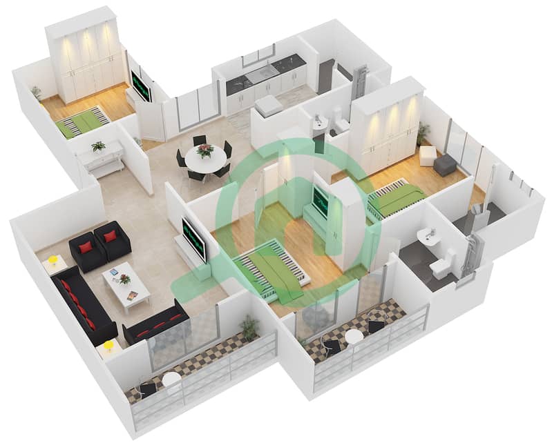 المخططات الطابقية لتصميم النموذج A شقة 3 غرف نوم - شوبا دافوديل interactive3D