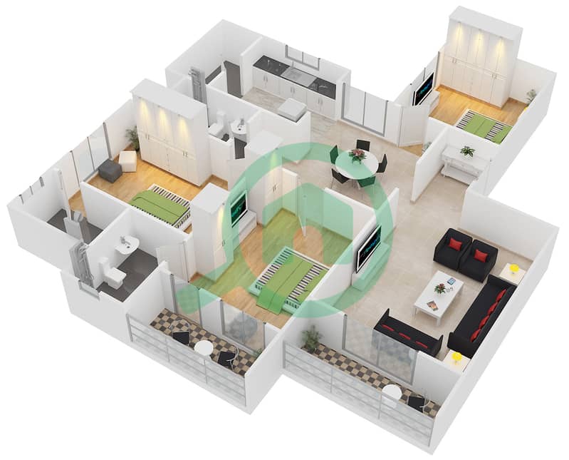 المخططات الطابقية لتصميم النموذج B شقة 3 غرف نوم - شوبا دافوديل interactive3D