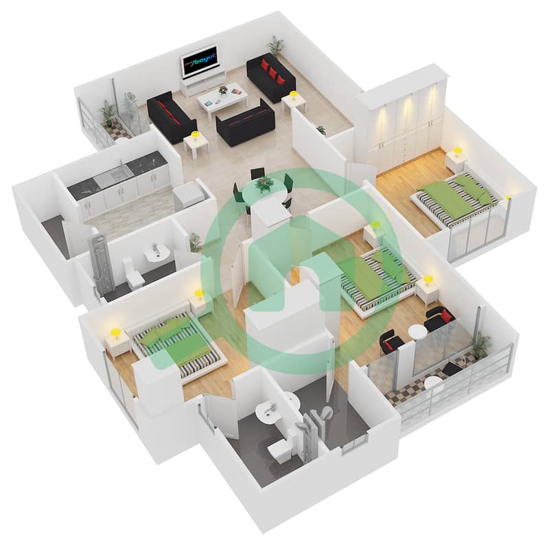 المخططات الطابقية لتصميم النموذج C شقة 3 غرف نوم - شوبا دافوديل interactive3D