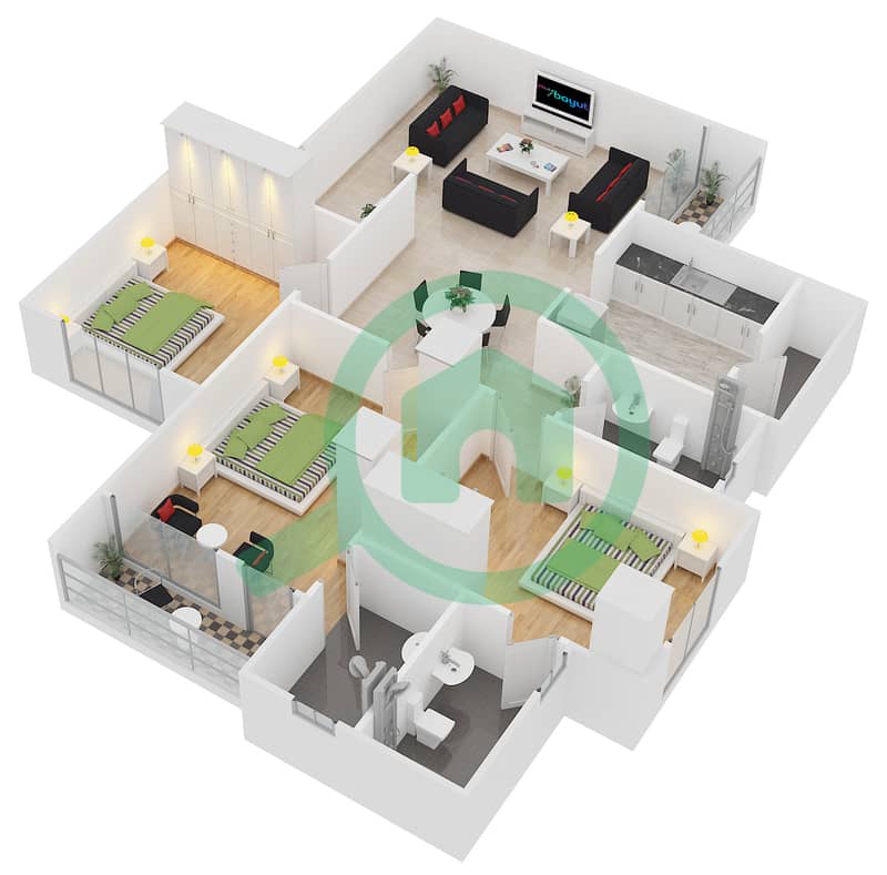 المخططات الطابقية لتصميم النموذج D شقة 3 غرف نوم - شوبا دافوديل interactive3D