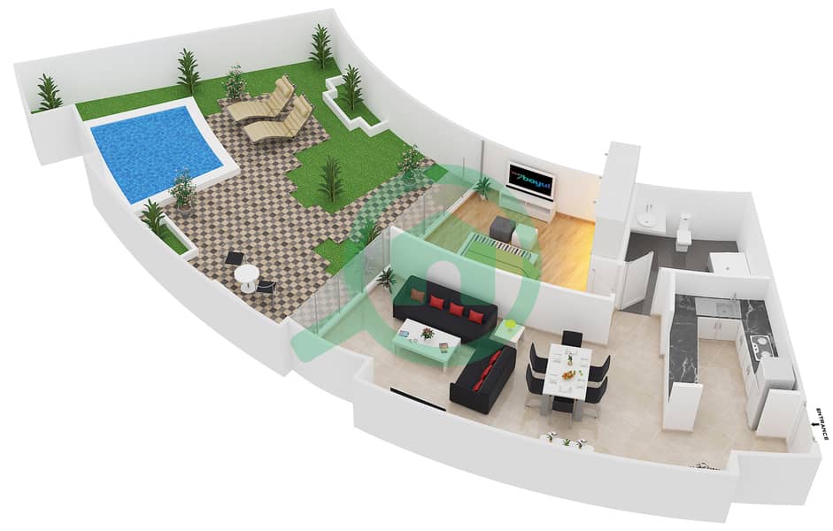 المخططات الطابقية لتصميم النموذج C شقة 1 غرفة نوم - سويتس إن ذا سكاي interactive3D