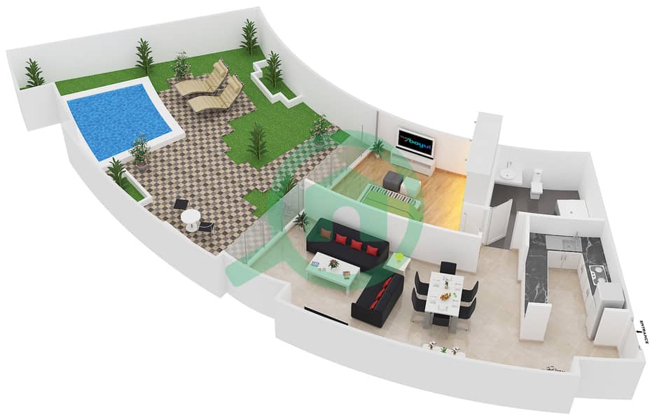 المخططات الطابقية لتصميم النموذج C1 شقة 1 غرفة نوم - سويتس إن ذا سكاي interactive3D