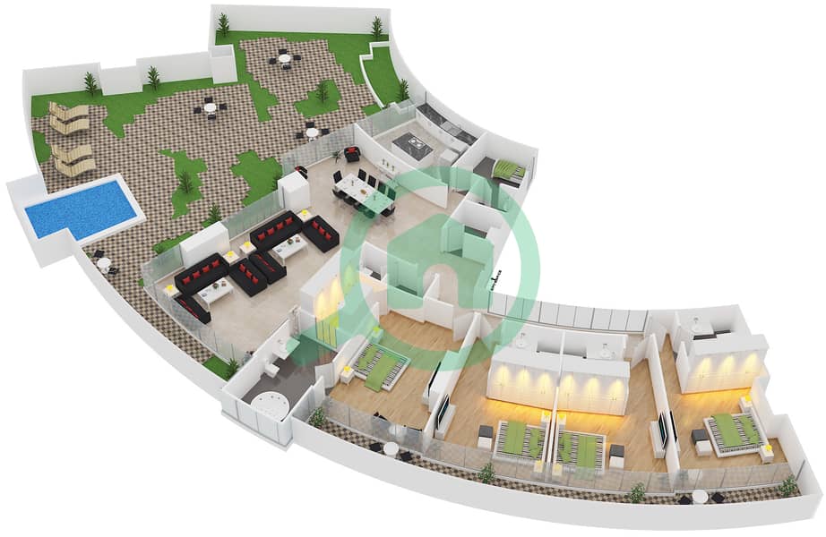 المخططات الطابقية لتصميم النموذج D شقة 4 غرف نوم - سويتس إن ذا سكاي interactive3D