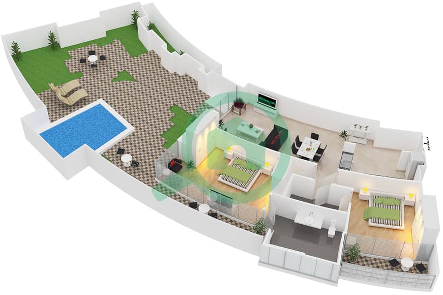 斯凯套房酒店和公寓综合体 - 2 卧室公寓类型B戶型图 interactive3D