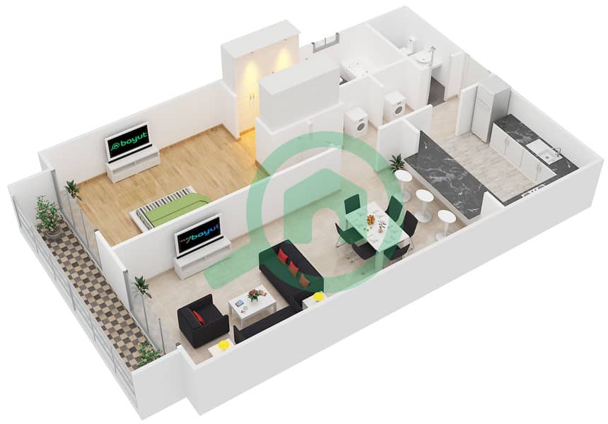 المخططات الطابقية لتصميم النموذج 1 شقة 1 غرفة نوم - سبيكا ريسيدينتل interactive3D
