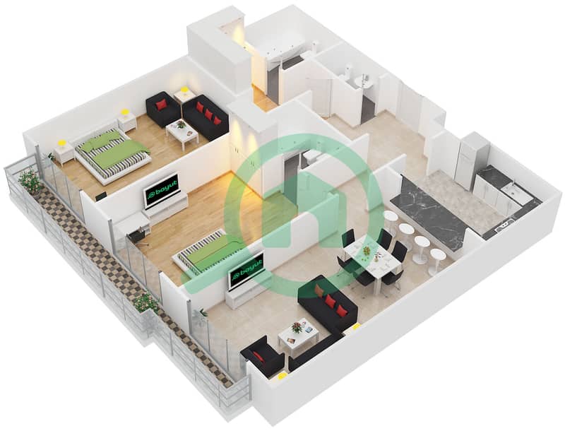 斯皮卡公寓 - 2 卧室公寓类型1戶型图 interactive3D