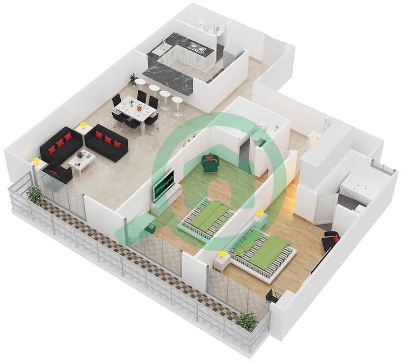 斯皮卡公寓 - 2 卧室公寓类型2戶型图 interactive3D