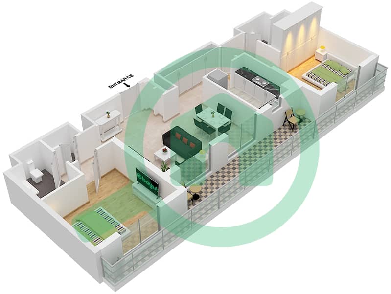 المخططات الطابقية لتصميم النموذج / الوحدة 2H-1/609 شقة 2 غرفة نوم - أزور بيتش رزيدنس من ايجل هيلز interactive3D