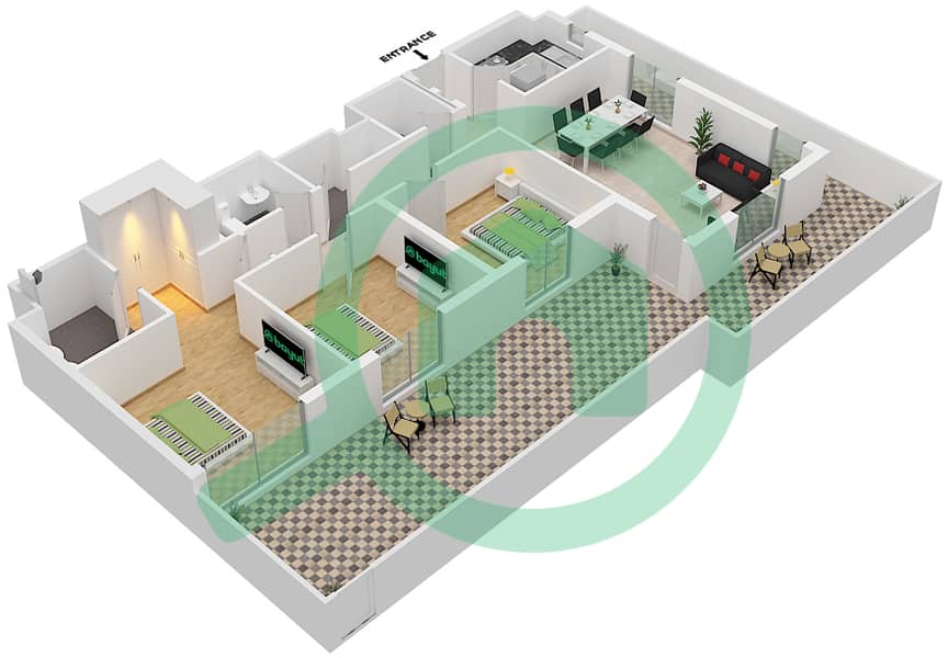 Azure Beach Residence by Eagle Hills - 3 Bedroom Apartment Type/unit 3B-1M/117 Floor plan interactive3D