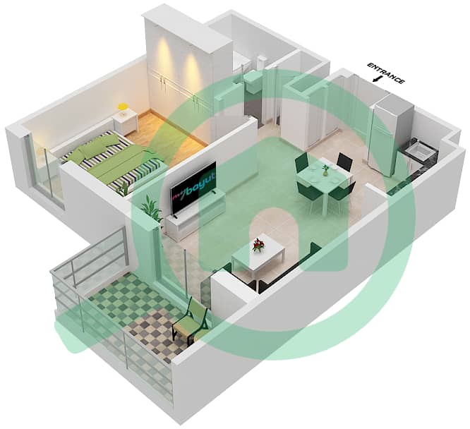 Azure Beach Residence by Eagle Hills - 1 Bedroom Apartment Type/unit A1-4/206,306,406 Floor plan interactive3D