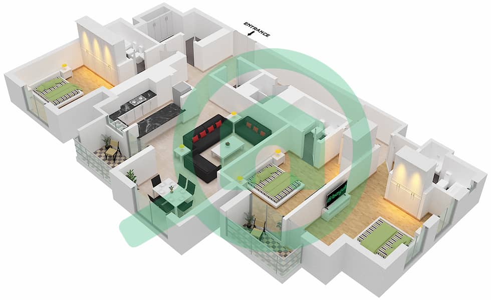 المخططات الطابقية لتصميم النموذج / الوحدة B/1 FLOOR 42 شقة 3 غرف نوم - آمنة Floor 42 interactive3D