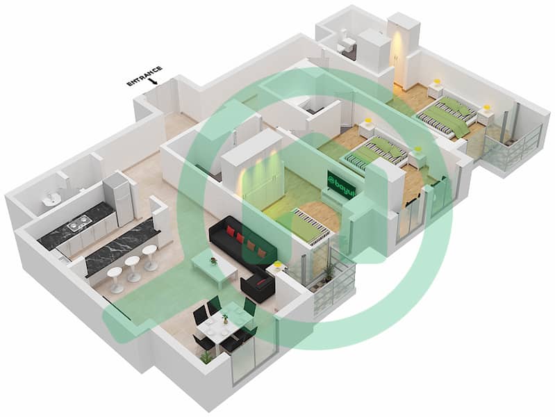 المخططات الطابقية لتصميم النموذج / الوحدة B/2 FLOOR 42 شقة 3 غرف نوم - آمنة Floor 42 interactive3D