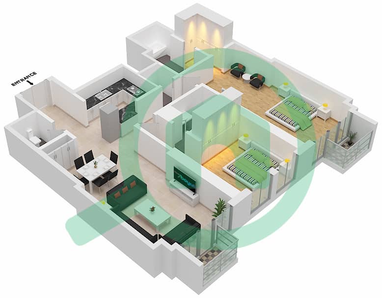 المخططات الطابقية لتصميم النموذج / الوحدة B/8 FLOOR 43 شقة 2 غرفة نوم - آمنة Floor 43 interactive3D