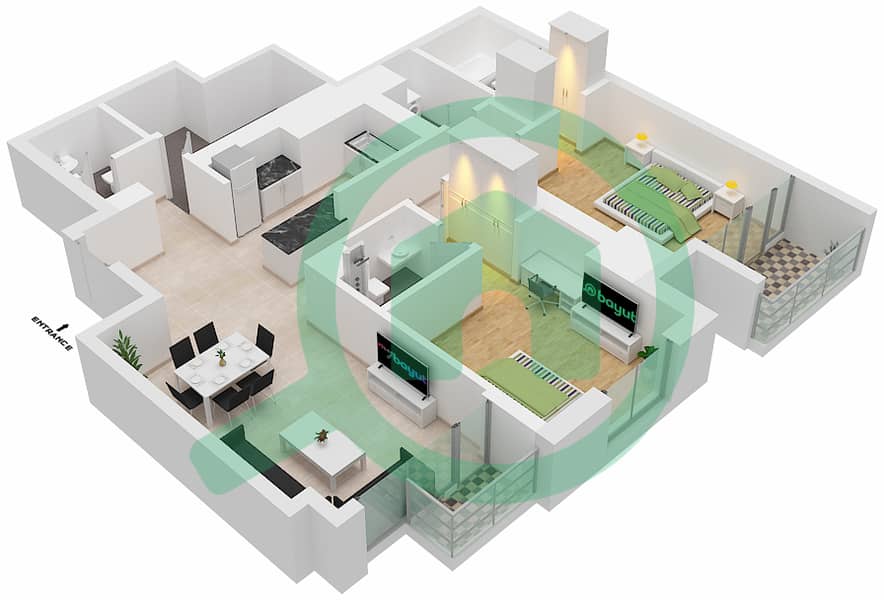 阿姆纳公寓 - 2 卧室公寓类型／单位B/5 FLOOR 44-62戶型图 Floor 44-62 interactive3D