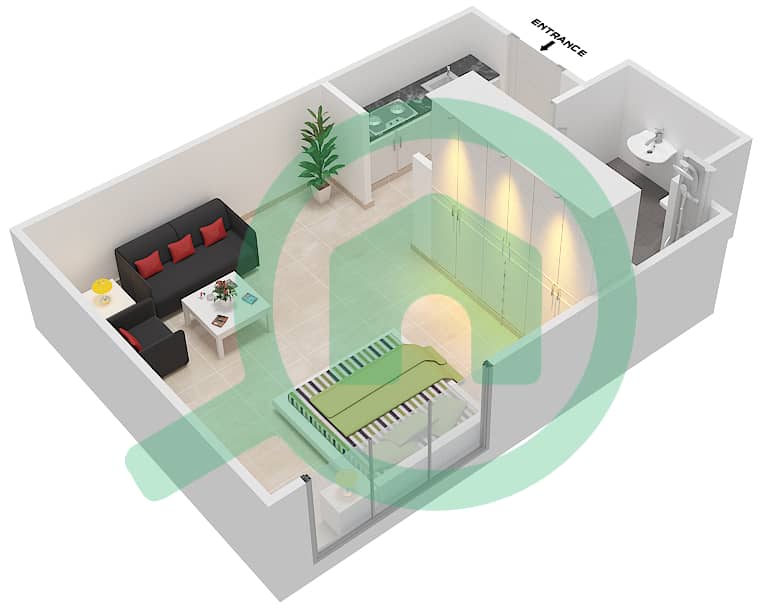 日落花园 - 单身公寓类型／单位D戶型图 interactive3D