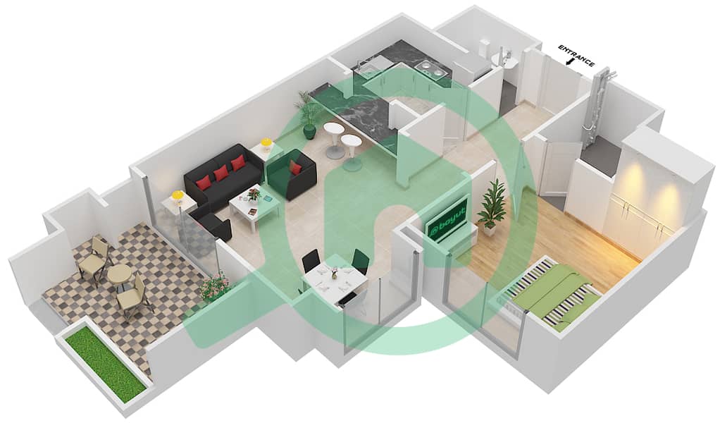 المخططات الطابقية لتصميم النموذج / الوحدة B شقة 1 غرفة نوم - حدائق الغروب interactive3D