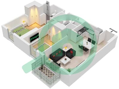 المخططات الطابقية لتصميم النموذج / الوحدة B2/2,5 شقة 2 غرفة نوم - برج كراون