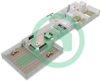 المخططات الطابقية لتصميم الوحدة 1 شقة 2 غرفة نوم - غولف تراسB