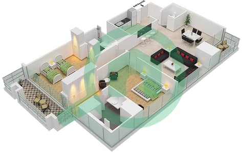 المخططات الطابقية لتصميم النموذج 2 شقة 2 غرفة نوم - جاي ون برج B
