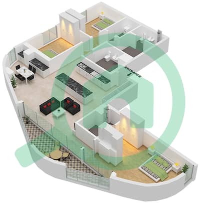 المخططات الطابقية لتصميم النموذج C شقة 3 غرف نوم - برج ميرا شمس 2