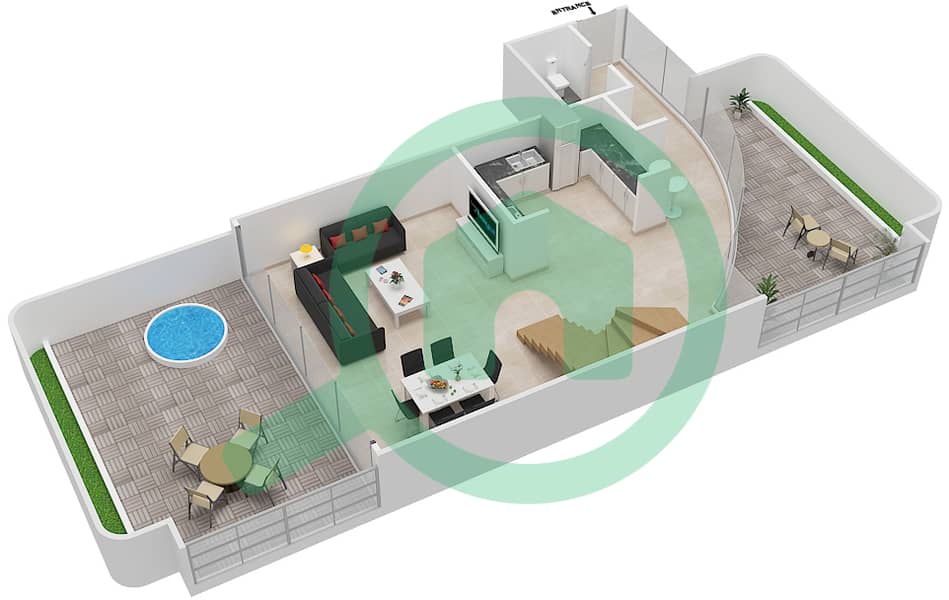 المخططات الطابقية لتصميم الوحدة 301 شقة 2 غرفة نوم - فلل مايرا Ground Floor interactive3D